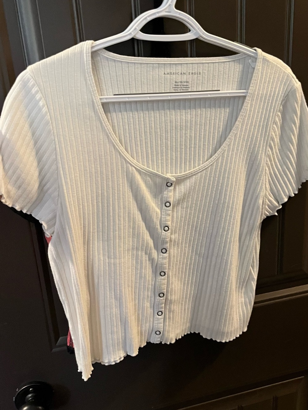 American Eagle Outfitters Cream Ribbed Scoop-Neck Button Crop Top